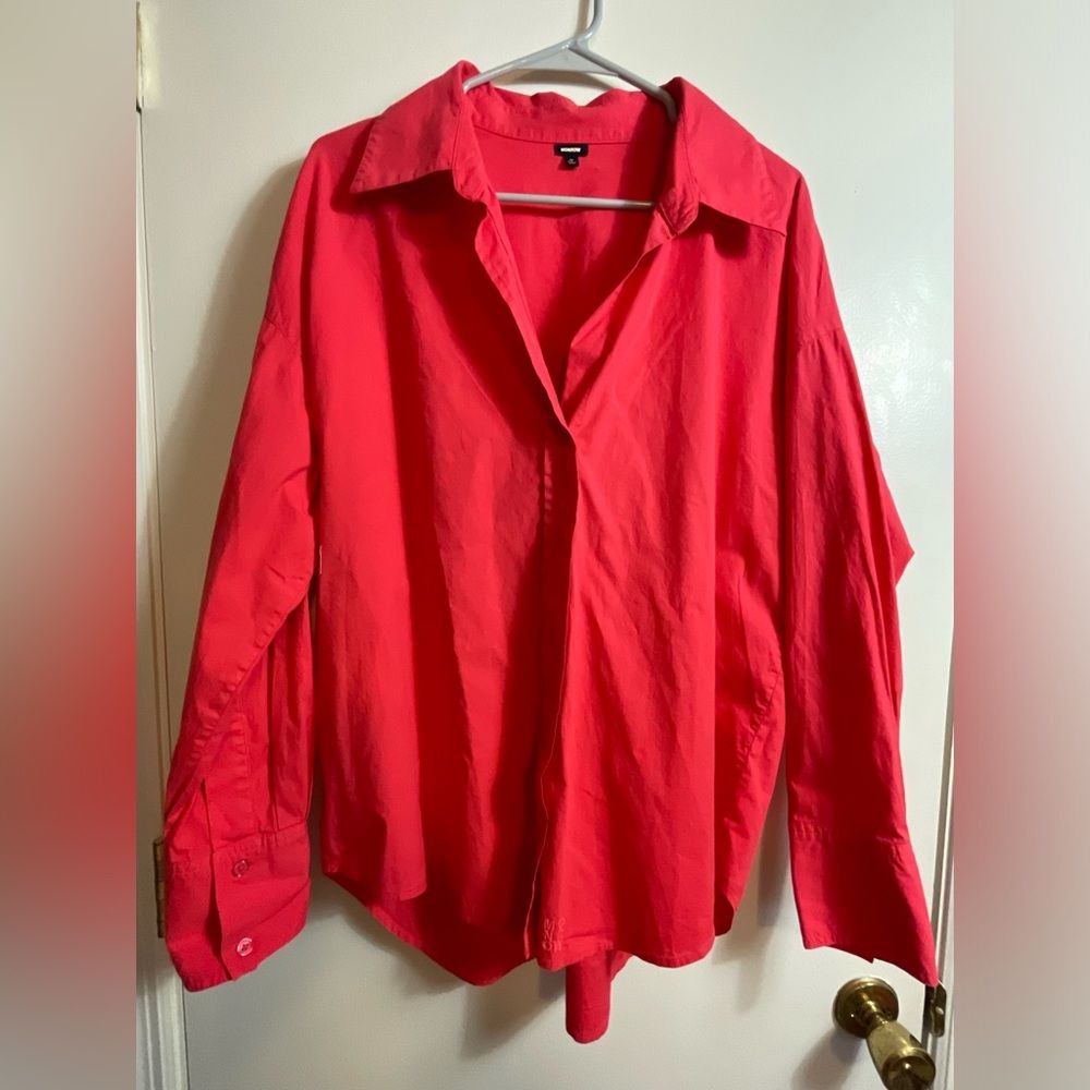 Monrow Revolve Fire Coral Oversized Poplin V Neck Button Down Women’s Shirt In M